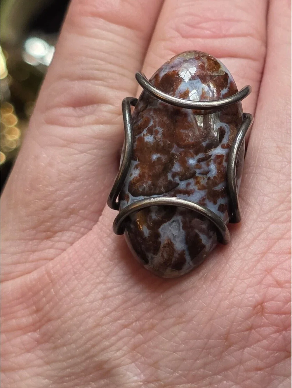 Artisan Wire Wrapped Oval Agate Cabochon Ring Adjustable Sz 7